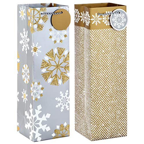 Hallmark Holiday Bottle Gift Bags, Silver and Gold Snowflakes (Pack of 2)