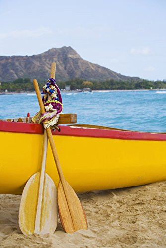 Posterazzi USA Hawaii Oahu Honololu funeral for Don Ho Waikiki paddles and Lei leaning on outrigger canoe Poster Print, (12 x 19)
