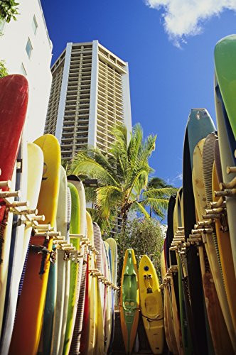 Posterazzi USA Hawaii Oahu Surfboards lined up at Waikiki Beach Honolulu Poster Print, (11 x 17)