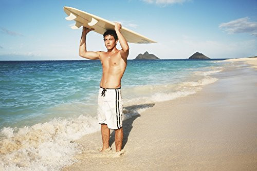 Posterazzi Hawaii Oahu Young Man At The Beach With Surfboard Poster Print, (17 x 11)