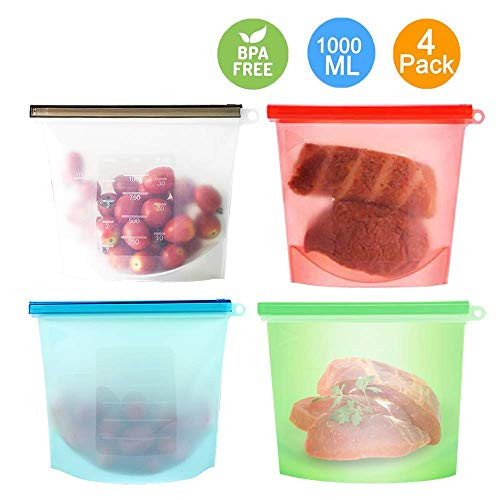 Reusable Silicone Food Storage Bag, Food Grade Versatile Preservation Bag Container for for Freeze, Steam, Heat, Microwave Fruits Vegetables Meat Milk(Set of 4)