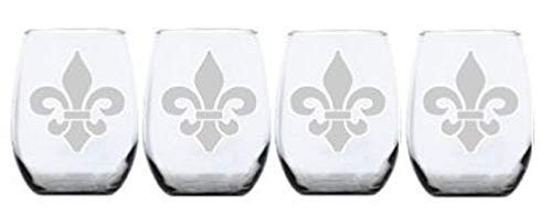 4pc Clear Etched Glass Stemless Wine Glasses Fleur De Lis, Fluer, Great for New Orleans Saints Fans & Mardi Gras