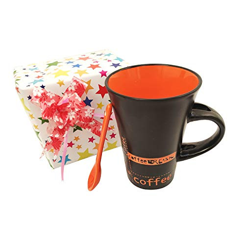 Ceramic Coffee Mug With Ceramic Spoon Classic Style Ceramic Novelty Coffee Mugs Coffee Break Design Perfect for Coffee Americano, Cappuccino, Mocha, Latte and Tea Cup 9 OZ (Black and orange)