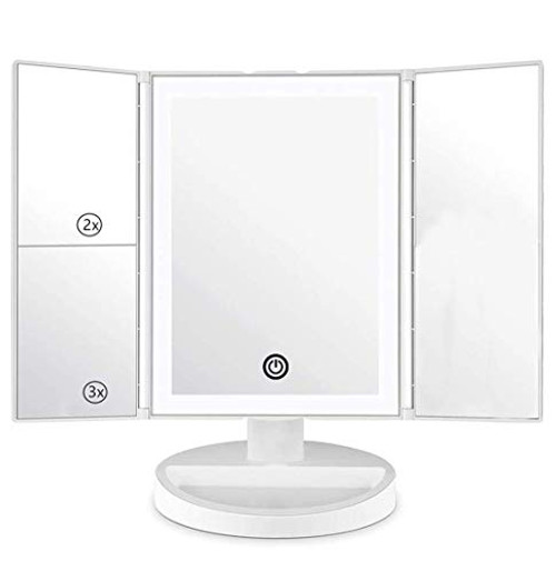 HOMI Tri-fold Lighted Vanity Makeup Mirror with 1x / 2X / 3X Magnification, 36 LED Lights Bright Natural,Touch Screen USB Charging 180° Free Rotation, Countertop Cosmetic Mirror,Travel Mirror (White) HOMI Tri-fold Lighted Vanity Makeup Mirror with 1x / 2X / 3X Magnification, 36 LED Lights Bright Natural,Touch Screen USB Charging 180° Free Rotation, Countertop Cosmetic Mirror,Travel Mirror (White)