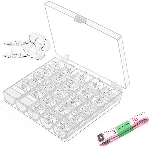 25 Pcs Plastic Sewing Machine Bobbins Transparent with Case and Measuring Tape for Brother Singer Janome Juki Kenmore