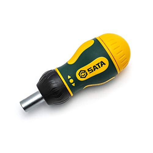 SATA 6-Piece Stubby Ratcheting Screwdriver Set with Three Ratcheting Settings and a Green and Yellow Storage Handle - ST09348