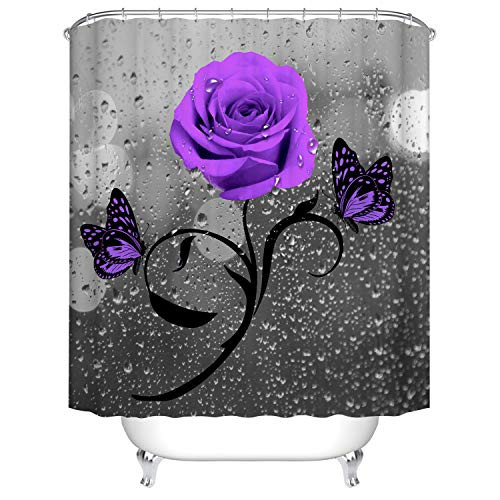 BJ Wardrobe Shower Curtain for Bathroom with 12 Hooks, 72" W x 72" H Purple Flowers Butterflies Polyester Fabric Waterproof