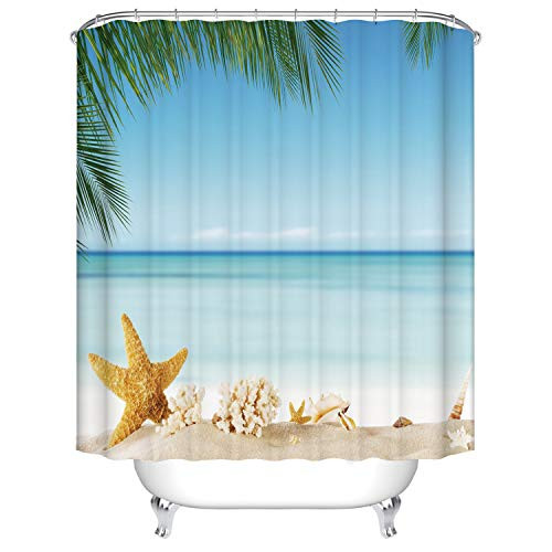 BJ Wardrobe Shower Curtain for Bathroom with 12 Hooks, 72" W x 72" H Beach Seaview Polyester Fabric Waterproof