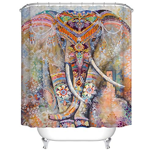 BJ Wardrobe Shower Curtain for Bathroom with 12 Hooks, 72" W x 72" H Colorful Aritistic Boho Elephant Polyester Fabric Waterproof