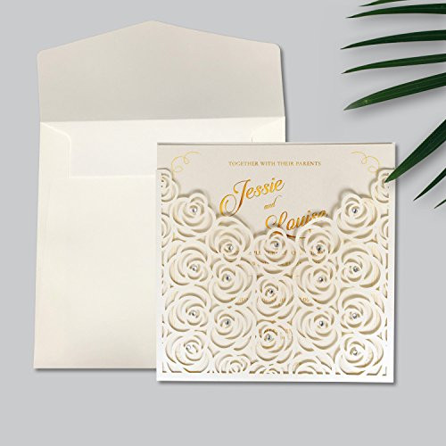 25Pcs Picky Bride Rose Wedding Invitations Elegant Wedding Invitation Cards, Save The Date, Bridal Shower Invitation 15 x15cm - Set of 25 (Ivory - Square Pocket)