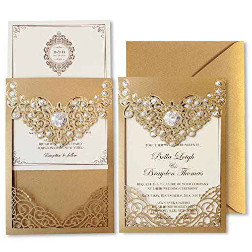 25-Set Luxury Pocket Wedding Invitations by Picky Bride, European-Style Upgraded 5 x 7 Invitation Cards for Wedding/Bridal Shower/Birthday Party, Gold Envelope Included 127 x 185mm - Set of 25pcs