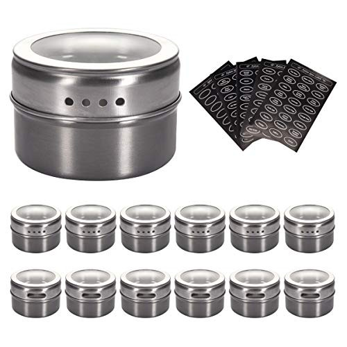 Aylson 12 Magnetic Spice Tins, Stainless Steel Storage Spice Containers Magnetic on Fridge, Spice Jar rack Organizers. Includes 120 Spice Labels