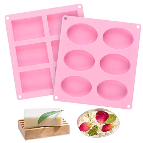 2 Pcs SJ Silicone Soap Molds, Rectangle & Oval, 6-Cavity Silicone Molds for Pudding, Muffin, Loaf, Brownie, Cornbread, and Cheesecake, Loaf Soap Molds, Nonstick & BPA free (Pink)