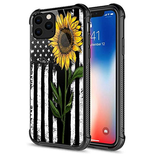iPhone 11 Pro Max Case, Tempered Glass iPhone 11 Pro Max Cases Sunflower American Flag,Fashion Cute Pattern Design Cover Case for iPhone 11 Pro Max 6.5-inch Sunflower Flag
