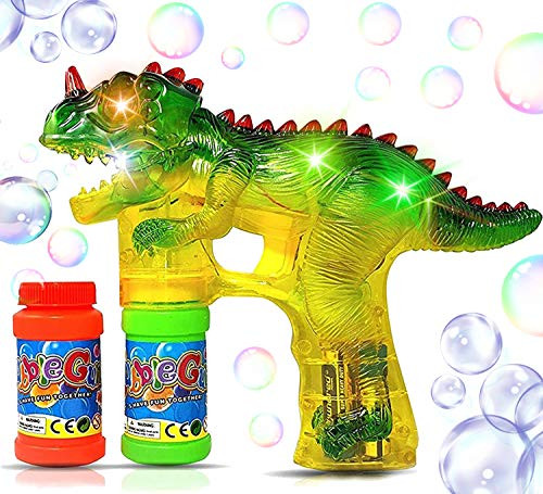 Haktoys Jurassic Dinosaur Bubble Gun Shooter Light Up Blower | Toy Bubble Blaster for Toddlers, Kids, Parties | LED Flashing Lights, Extra Refill Bottle, Sound-Free, Batteries Included