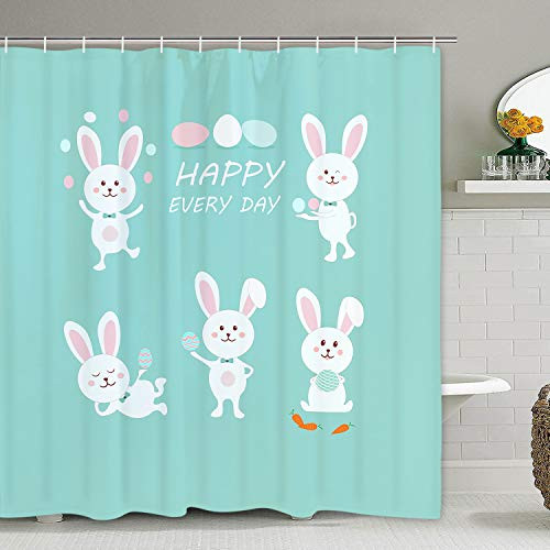 Easter Cartoon Shower Curtain Happy Easter Day, Funny Rabbit and Easter Egg Shower Curtain with 12 Hooks, Durable Waterproof Shower Curtain for Bathroom