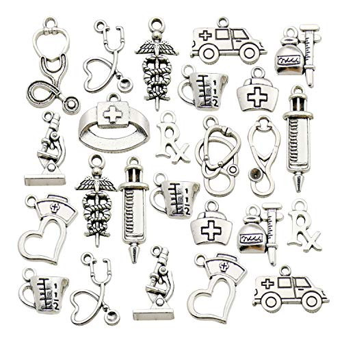 Sailanzi 70pcs Craft Supplies Wholesale Bulk Lots Antique Silver Medical Nurse Charms Stethoscope Syringe Nurse Cap Hat Charms for Jewelry Making Crafting Findings Accessory SM297