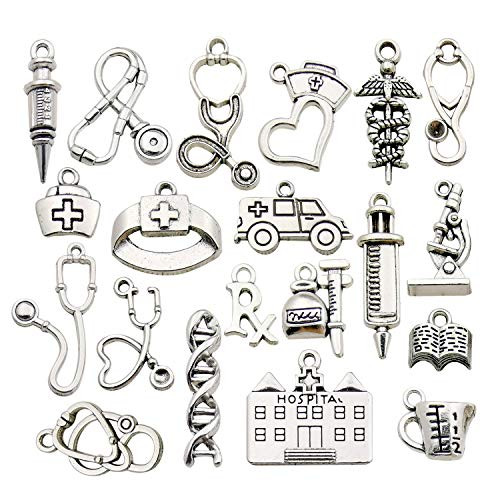 60pcs Craft Supplies Antique Silver Medical Nurse Charms DNA Stethoscope Syringe Nurse Cap Hat Charms Jewelry Crafting Findings Accessory for DIY Necklace Bracelet Making SM319