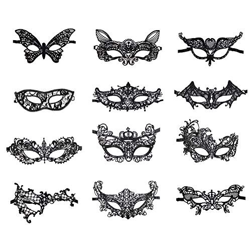 12 Pieces Lace Mask Masquerade Venetian Eyemask Halloween Sexy Woman Lace Mask for Halloween Masquerade Carnival Party Costume Ball, Black