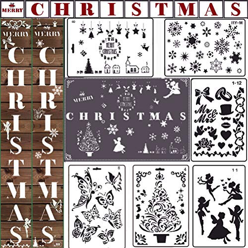 MX-Amigo Merry Christmas Stencils Snowflake Fairy Butterfly Tree for Painting on Wood Sign Holiday Reusable Plastic Large Christmas Word Stencils for Drawing Crafts Tree Wall Door Window Glass Porch