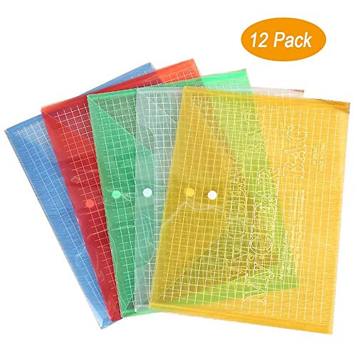 12 Packs Colored Filling File Folders with Grid Pattern Plastic File Envelopes Premium Quality Clear Document Folders Poly Envelope Folders Project Envelope Folders A4 Letter Size (5 Colors)