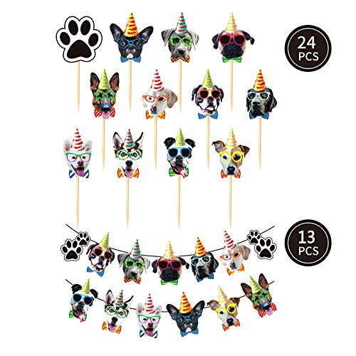 WJBB Faces Birthday Garland Banner Dog Cat Garland Banner Dog Cat Cupcake Toppers Birthday Party Decoration for Cat Dog Theme Party Baby Shower, 37 Pieces (Dog)
