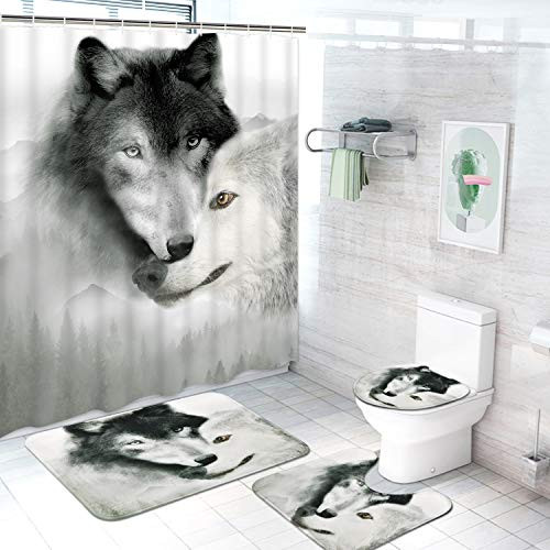 Pknoclan 4 Pcs Wolf Shower Curtain Set with Non-Slip Rug, Toilet Lid Cover and Bath Mat, Waterproof Wild Animal Shower Curtain with 12 Hooks, Wolf Bathroom Set, Black White
