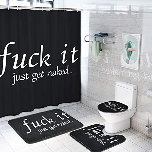 Pknoclan 4 Pcs Funny Get Naked Shower Curtain Sets with Non-Slip Rug, Toilet Lid Cover and Bath Mat, Black and White Bathroom Shower Curtain with 12 Hooks, Waterproof Fabric Bath Curtain