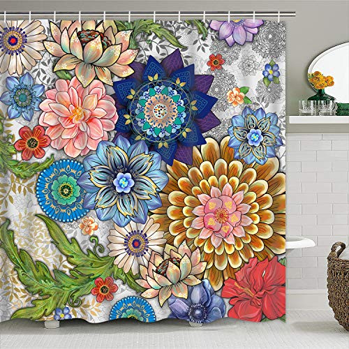 Pknoclan Boho Floral Shower Curtain Colorful Flowers Shower Curtain with 12 Hooks, Boho Shower Curtains for Bathroom, Waterproof Fabric Bath Curtain