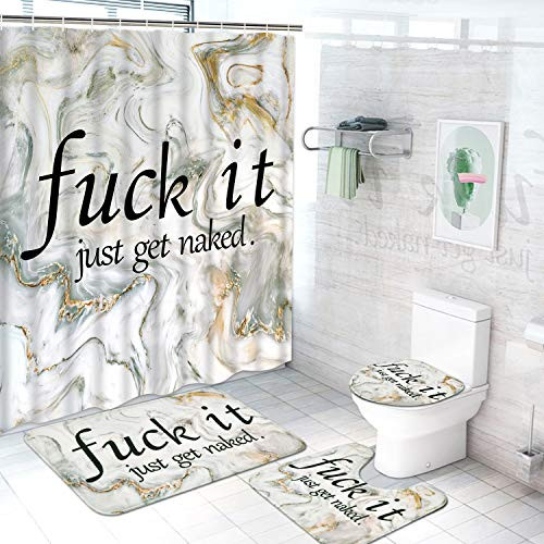 Ikfashoni 4 Pcs Get Naked Shower Curtain with Non-Slip Rugs, Toilet Lid Cover and Bath Mat, Funny Marble Shower Curtains with 12 Hooks, Waterproof Fabric Shower Curtains for Bathroom