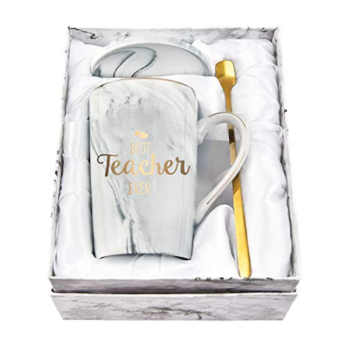 Teacher Coffee Mug Teacher Ever Mug Teacher Appreciation for Teachers Male Marble Ceramic Coffee Mug 14Oz Gray with Box Packing Spoon and Coaster