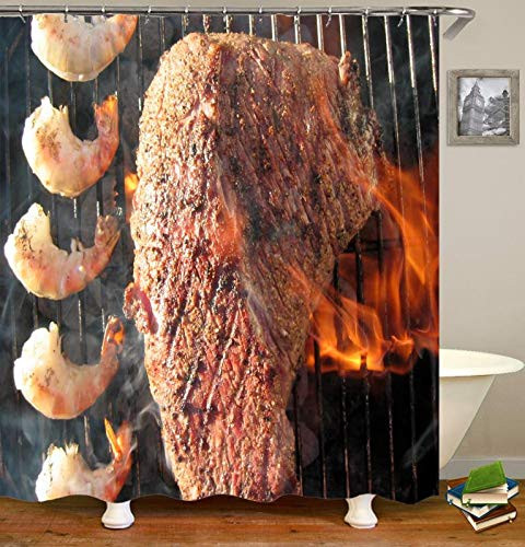 GZDDG 71 X 71 Inch Shower Curtain,Grilled Meat and Shrimp Tail Roast Bathroom Shower Hanging Curtain Window Curtains Polyester Fabric Shower Curtain with 12 Hooks (59" X 71")