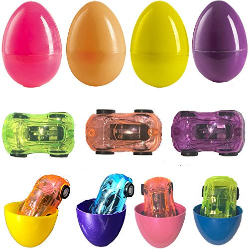 10 Pack Fillable Plastic Easter Egg with Mini Pull Back Vehicles for Easter Theme Party, Favor Easter Eggs Hunt, Basket Stuffers Fillers, Classroom Prize, Birthdays Gifts