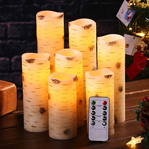 Flameless Candles Flickering LED Candles Birch Bark Effect Set of 7(D:2.2" X H:5"5"6"67"8"9) Ivory Real Wax Pillar Battery Operated Candles with 10-Key Remote Control and Cycling 24 Hours Timer