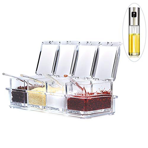 IVYHOME Clear Seasoning Box | Seasoning Rack Spice Pots | Kitchen Container | Storage Container Compartment Condiment Jars and Oil Sprayer