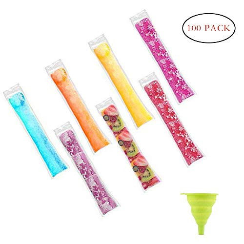 Popsicle Bags, 100 Pack Zip Seal Popsicle Bags, Disposable Popsicle Molds Bags Pouches, DIY Popsicle Maker Ice Bags for Gogurt, Ice Candy, Otter Pops, Comes with 1 Silicone Funnel