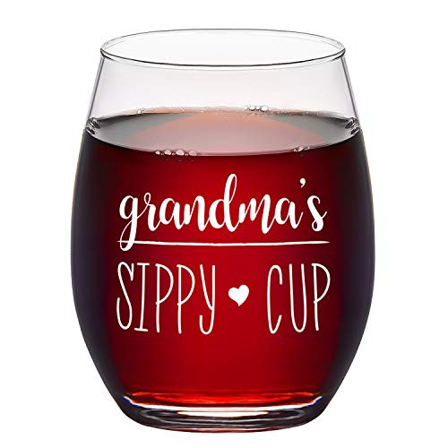 Grandmas Sippy Cup Stemless Wine Glass for Women, Grandma, Mother, New Grandma, Grandma Again, Grandmother, Funny Grandma Wine Glass 15 Oz for Mother's Day Birthday Christmas