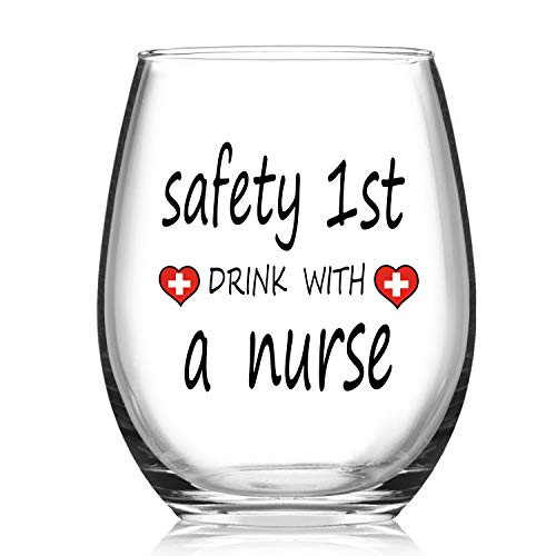 Safety 1st Drink With A Nurse Wine Glass, 15Oz Funny Stemless Wine Glass - Nurse Gifts for Women, Men, Nursing Students, Practitioner, Coworker, Nursing School Safety 1st Drink With A Nurse Wine Glass, 15Oz Funny Stemless Wine Glass - Nurse Gifts for Women, Men, Nursing Students, Practitioner, Coworker, Nursing School