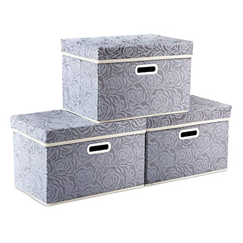 Prandom Collapsible Storage Boxes with Lids Fabric Decorative Storage Bins Cubes Organizer Containers Baskets with Cover Handles Divider for Bedroom Closet Living Room 14.9x9.8x9.8 Inch 3 Pack