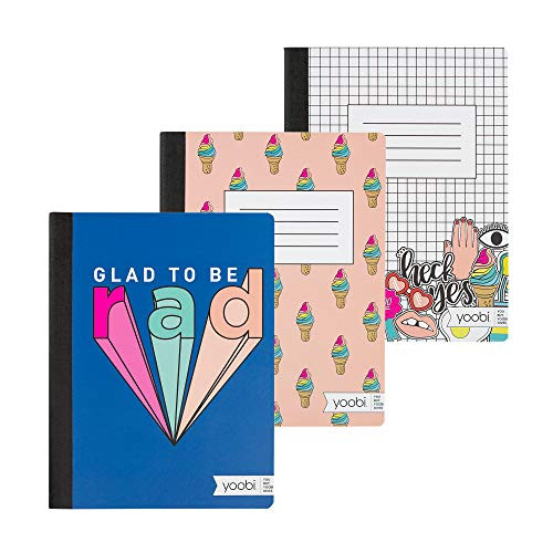 Yoobi | Composition Book | 100 Sheets College Ruled | Pink Ice Cream, BW Grid, and Navy Print Variety Pack of 3