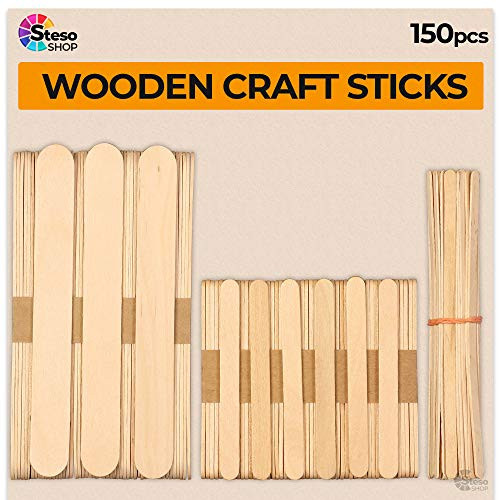 StesoSHOP Popsicle Stick  Jumbo Craft Sticks - Mixed Sizes Popsicle Wood Ice Cream - Wooden Popsicle Bulk - Variety Assortment Multi Large Mini Recycled - Durable Wax Sticks