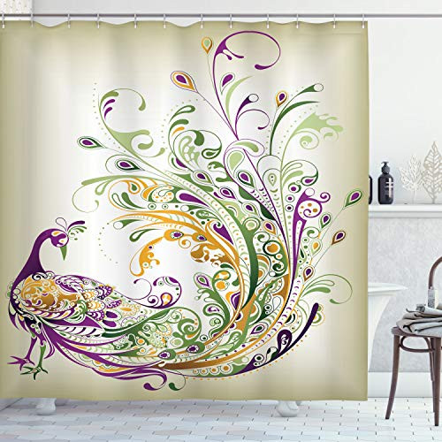 Ambesonne Abstract Shower Curtain, Peacock Bird Tail Feathers Plume Paisley Pattern Ornamental Design, Cloth Fabric Bathroom Decor Set with Hooks, 84" Long Extra, Marigold Purple