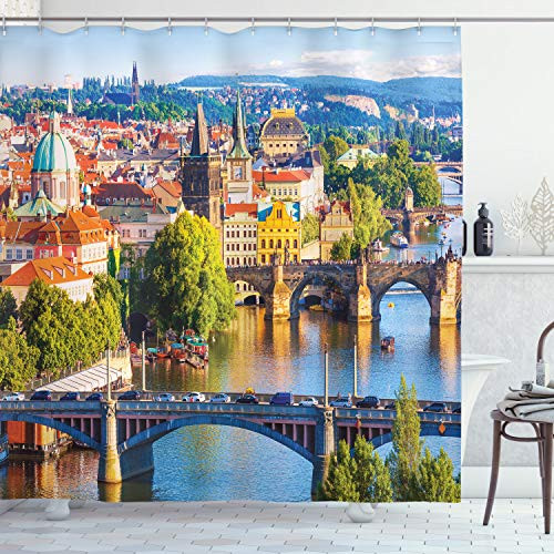 Ambesonne Wanderlust Shower Curtain, Scenic Summer Old Town Charles Bridge Over Vltava River in Prague Czech Republic, Cloth Fabric Bathroom Decor Set with Hooks, 70" Long, Blue Green