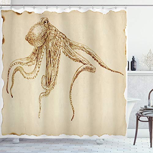 Ambesonne Octopus Shower Curtain, Octopus Illustration Sketch Style with Large Tentacles Vintage Art Print Marine, Cloth Fabric Bathroom Decor Set with Hooks, 84" Long Extra, Ecru Brown