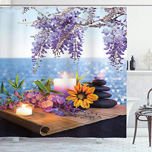 Ambesonne Spa Shower Curtain, Massage Stones with Daisy and Wisteria with The Seabed Foliage Meditation, Cloth Fabric Bathroom Decor Set with Hooks, 84" Long Extra, Blue