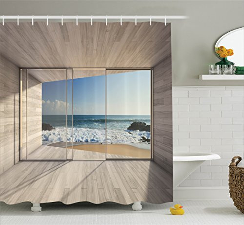 Ambesonne Modern Shower Curtain, Empty Modern Lounge Area with Large Window and View of Sea Waves Rocks Art, Cloth Fabric Bathroom Decor Set with Hooks, 70" Long, Tan Blue