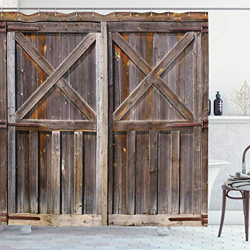 Ambesonne Rustic Shower Curtain, Old Wooden Barn Door of Farmhouse Oak Countryside Village Board Rural Life Photo Print, Cloth Fabric Bathroom Decor Set with Hooks, 75" Long, Brown