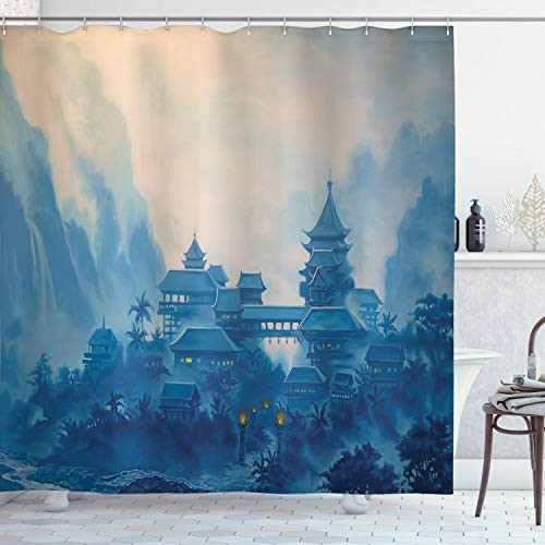 Ambesonne Asian Shower Curtain, Chinese Building Paint Mist with Lanterns at Night Oriental Image Oriental, Cloth Fabric Bathroom Decor Set with Hooks, 70" Long, Blue
