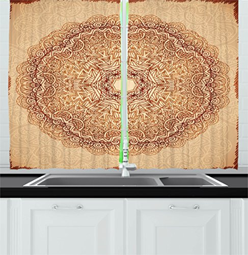 Ambesonne Mandala Kitchen Curtains, Mystical Meditative Inner Sign Style Motif with Repeating Lines, Window Drapes 2 Panel Set for Kitchen Cafe Decor, 55" X 39", Brown Tan