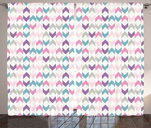 Ambesonne Geometric Curtains, Oriental Chevron and Ikat Motif with Eastern Influences Boho Art Print, Living Room Bedroom Window Drapes 2 Panel Set, 108" X 84", Violet Teal